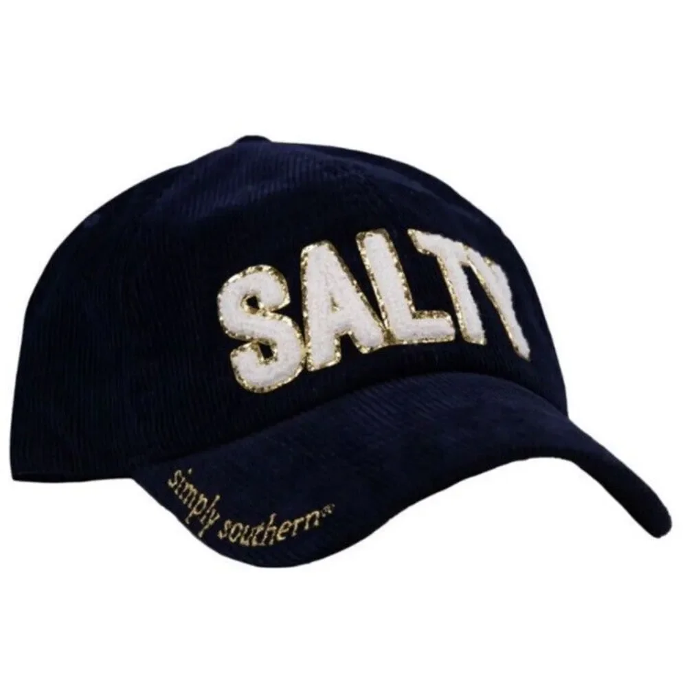SIMPLY‎ SOUTHERN Sparkle Puff Letter SALTY Blue Corduroy Baseball Cap Hat NEW